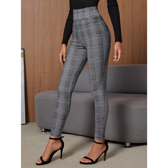 High Waist Houndstooth plaid print Skinny Pants gray black - Picture 5 of 9